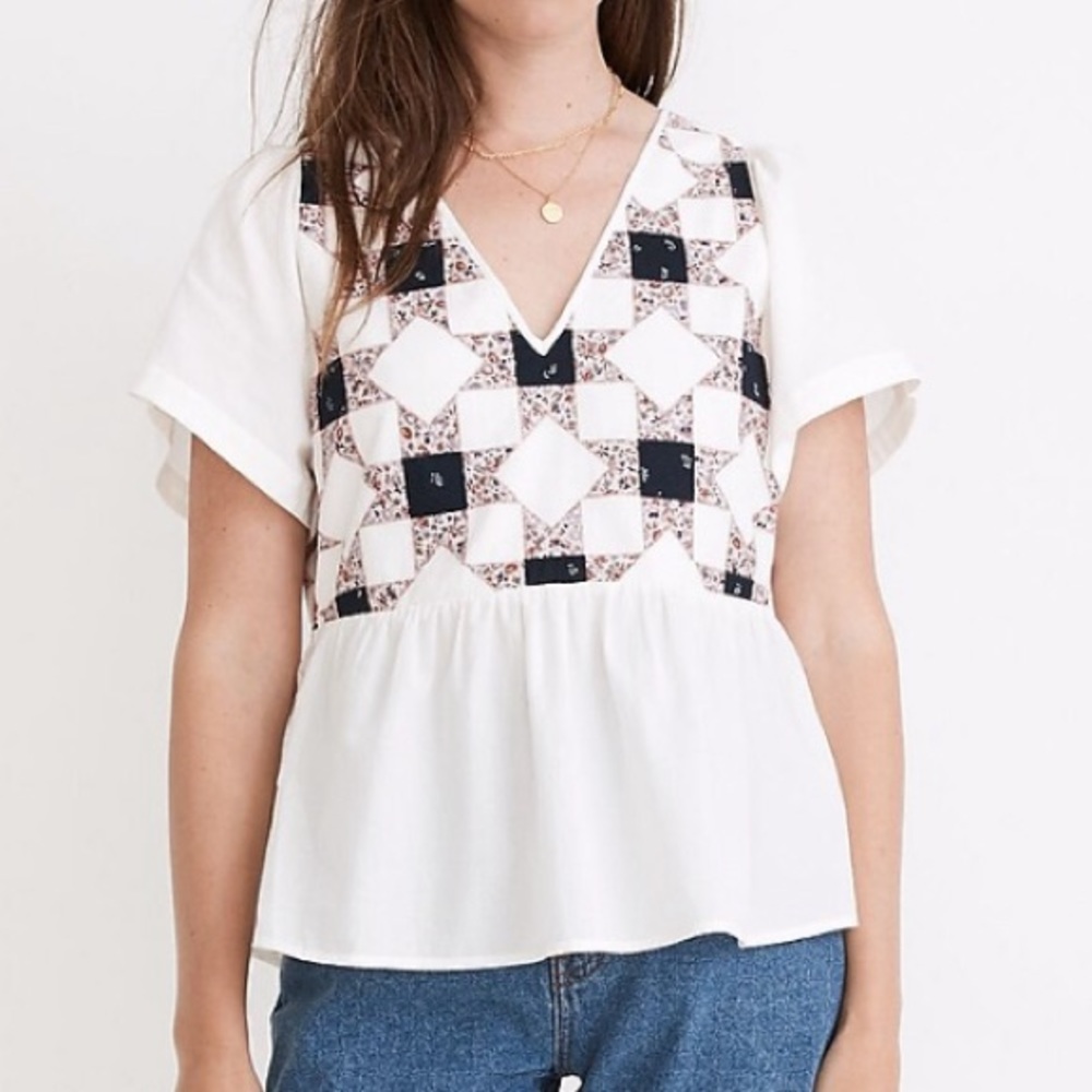 Brand new! Madewell Flutter-Sleeve Peplum Top in Patchwork Quilt